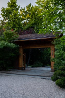 Japon bahçe kapısı Pergola ve Wroclaw 'daki Centennial Hall' da yeşil bitkiler. Yazın Polonya. Yeşillik Biyofili tasarımı Bahçe Kemeri Çiçekler yeşil alanlar sağlıklı alanlar