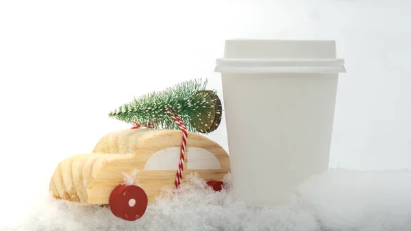 Wooden Car Carrying Christmas Tree Paper Cup Mock Coffee Hot — Stock Photo, Image