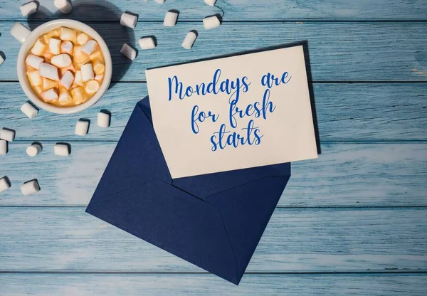 Mondays Fresh Starts Concept Text Blue Envelope White Cup Coffee — Stock Photo, Image