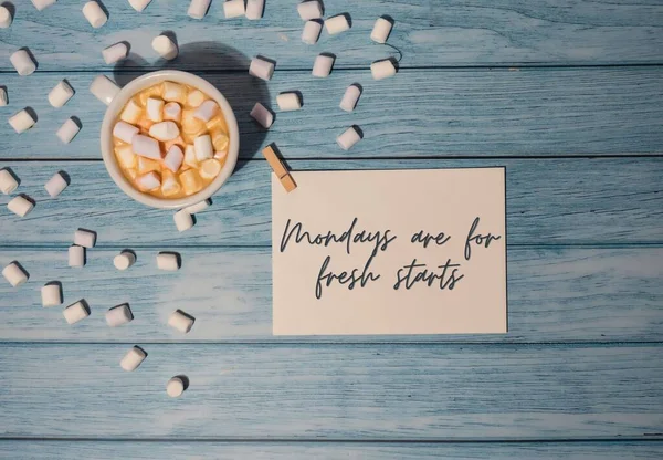 Mondays Fresh Starts Concept Text Paper Note White Cup Coffee — Stock Photo, Image