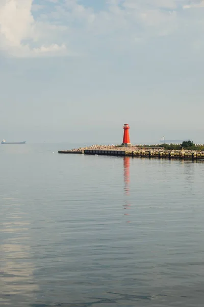 Lighthouse Blue Sea Line Waves Sunny Day Baltic Sea Gdansk — Stock Photo, Image