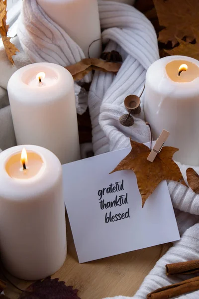 Hálás Áldott Szöveg Üdvözlőkártya Koncepció Hálaadás Ünneplése Őszi Ünnepek Hangulatos — Stock Fotó