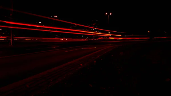 Luces Coches Por Noche Luces Calle Ciudad Autopista Nocturna Larga —  Fotos de Stock
