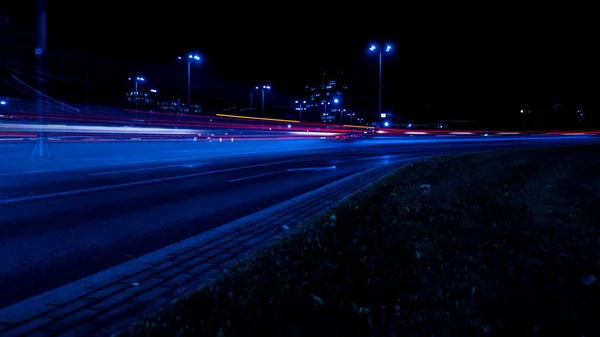 Światła Samochodów Nocy Światła Uliczne Nocna Autostrada Długa Fotografia Nocna — Zdjęcie stockowe