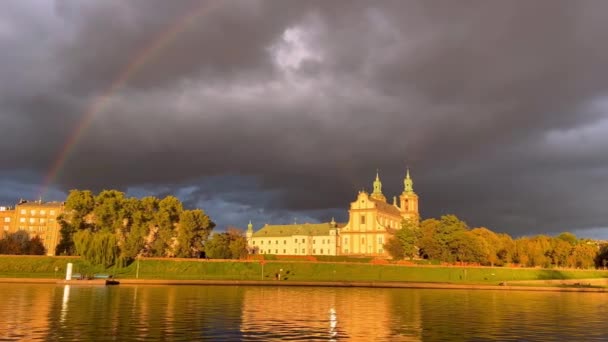 Heavy Rain Rainbow Vistula River Krakow Poland Stunning Views City — Stock Video