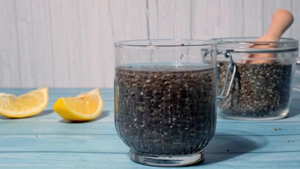 Preparing Superfood Water Drink Rich Omega Fatty Acids Pouring Coconut — Video Stock