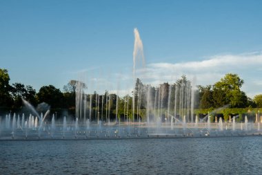 Wroclaw, Polonya 'daki Centennial Hall' da Multimedia Fountain. Polonya 'nın en büyük çeşmesi ve Avrupa' nın en büyük çeşmelerinden biri. Güneş ışığı suyu sıçrıyor. Güzel mimari çeşmesi. Seyahat hedefi