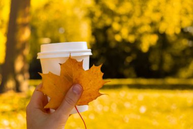 Eko Sıfır Atık Kağıt Kupa 'yı elinde tutan kadın Sonbahar Doğası' nın yanında sonbahar akçaağaç sarı yaprağını taklit ediyor. Bir fincan çay, paket kahve. Sıcak bir içecek, rahat bir tatil konsepti.