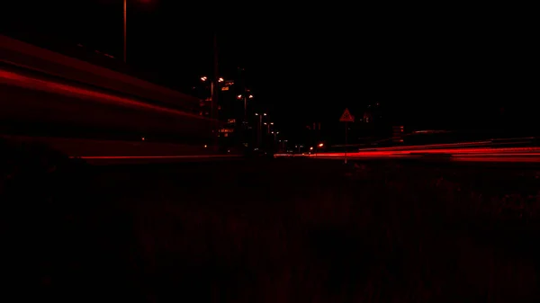 Вогні Машин Вночі Вуличне Світло Нічне Шосе Міста Довга Експозиція — стокове фото