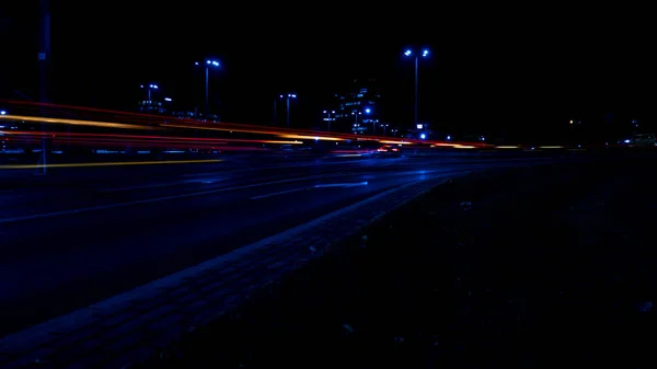 Luzes Carros Noite Luzes Rua Cidade Estrada Nocturna Longa Exposição — Fotografia de Stock