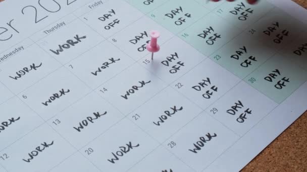 Kobieta Przypinka Dni Wolne Dni Tygodnia Pracy Wydrukowany Kalendarz Tygodniu — Wideo stockowe
