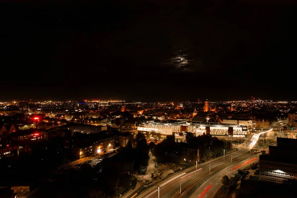 Top View Road Romantic Night Aerial Photo Cars Traveling Light — Fotografia de Stock