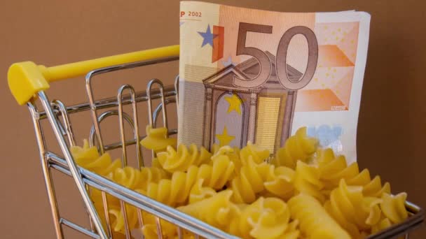 ベージュの背景に50ユーロ紙幣の紙幣のパスタで満たされたショッピングトロリーカートでズーム テキストのスペースをコピーします 食糧および食料品店の買い物価格の上昇 食糧費用の増加 — ストック動画