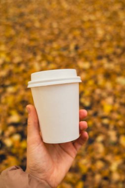 Eko-Sıfır 'ı tutan tanınmayan kadın beyaz kağıt bardakların fotokopisini çekti. Sonbahar doğasının yanına gitmek için sonbahar yaprakları ve bir fincan çay. Doğa ile birleştir Cottagecore