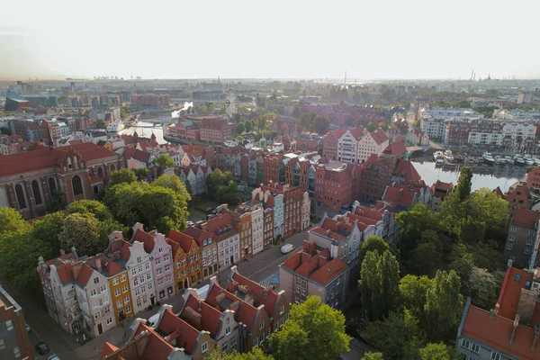 Piękna Panoramiczna Architektura Starego Miasta Gdańsku Polska Wschodzie Słońca Drona — Zdjęcie stockowe