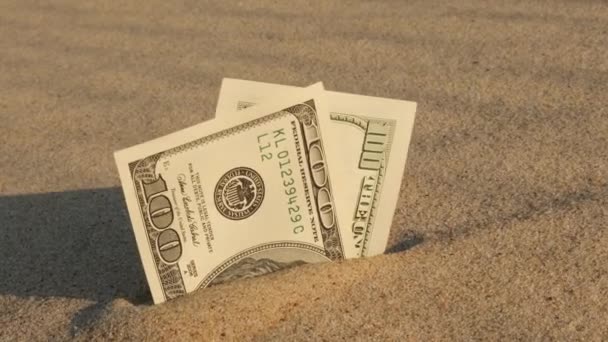 Billetes Americanos Cien Dólares Playa Arena Concepto Finanzas Ahorrando Dinero — Vídeos de Stock