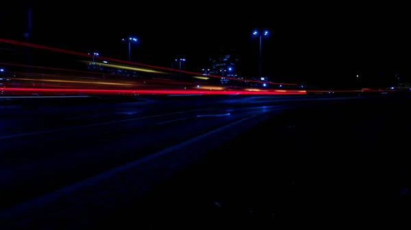 Światła Samochodów Nocy Światła Uliczne Nocna Autostrada Długa Fotografia Nocna — Zdjęcie stockowe