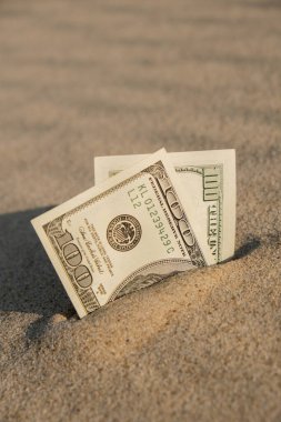 Kumsalda 100 dolarlık banknotlar. Tatil için para biriktirme kavramı. Seyahat tatillerinde maliyetli. Gölgeler