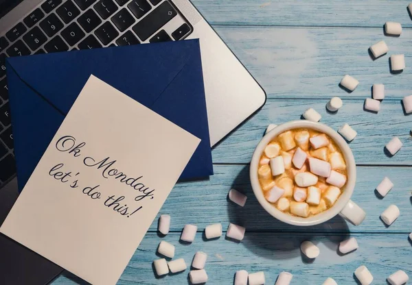 Monday Lets Text Card Blue Envelope White Cup Coffee Marshmallows — Stock Photo, Image