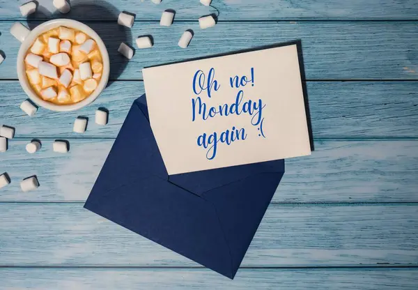 Monday Again Concept Text Blue Envelope White Cup Coffee Marshmallows — Stock Photo, Image