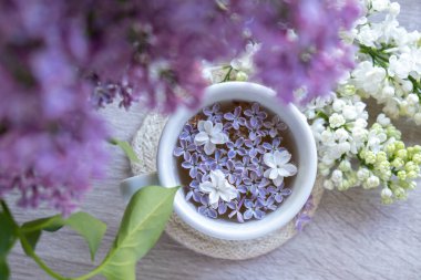 Lezzetli siyah çay beyaz bardakta pencere kenarında aromatik leylak çiçekleriyle. Bahar kompozisyonu bir bardak leylak çayı içerken mor leylak dalları çiçek açıyor. Kopya alanı tebrik kartı için natürmort hayat