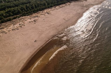 Dalgaların, deniz kıyılarının insansız hava görüntüsü. Kumsallar ve kumullar, sakin deniz dalgaları insansız hava aracıyla ele geçirilen doğa manzarası. Polonya 'da turizm