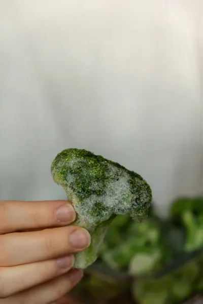 Donna Irriconoscibile Mostrando Macchina Fotografica Congelati Broccoli Alimentari Fioretti Fatti — Foto Stock