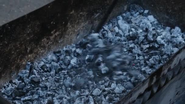 难以辨认的人准备用煤烧烤 用煤块烤烟和火焰烧烤 户外后院壁炉中的篝火煤 煤的燃烧使木料转化为木炭 准备在烤架上烘烤 — 图库视频影像