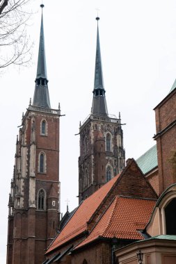 Tumski Adası 'ndaki Wroclaw Katedrali' nin detayları. Silezya 'nın tarihi başkenti, Avrupa. Belediye binası mimari binaları. Eski kasaba katedralleri kilisesi. Seyahat yeri 