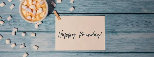 Happy Monday Blue Monday Concept Text Paper Note White Cup — Stock Photo, Image
