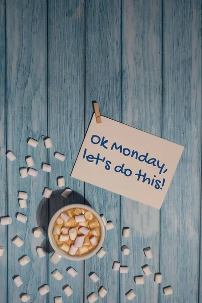 Monday Lets Concept Text Paper Note White Cup Coffee Marshmallows — Stock Photo, Image