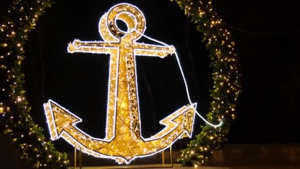 Ship Anchor Holiday Decorações Iluminadas Gdansk Polônia Linda Feira Natal — Vídeo de Stock