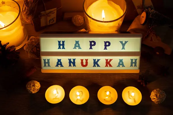 Four Candles Advent Calendar Lightbox Text Happy Hanukkah Traditional Burning — Stock Photo, Image