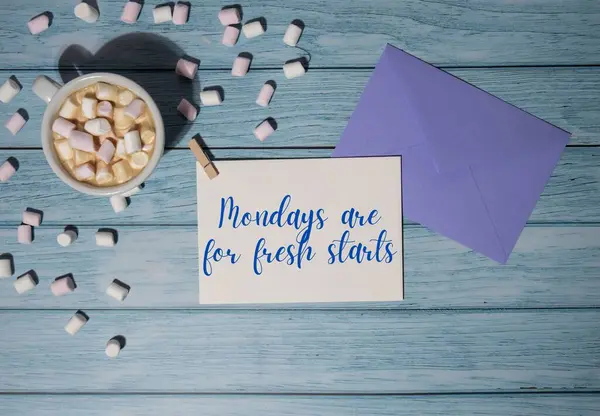 Mondays Fresh Starts Concept Text Violet Envelope White Cup Coffee — Stock Photo, Image