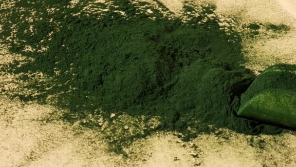 木のスプーンでオーガニックブルーグリーン藻類スピルリナ粉末食品 スピルリナクロレラの健康上の利点 ダイエットするためのビタミンとミネラル デトックス栄養補助食品 海藻スーパーフードコンセプト — ストック動画