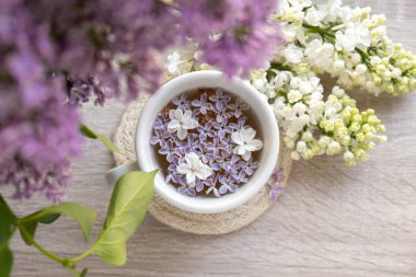 Lezzetli siyah çay beyaz bardakta pencere kenarında aromatik leylak çiçekleriyle. Bahar kompozisyonu bir bardak leylak çayı içerken mor leylak dalları çiçek açıyor. Kopya alanı tebrik kartı için natürmort hayat