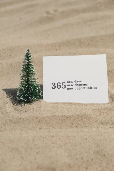365 NEW DAYS CHANCES OPPORTUNITIES text on paper greeting card on background sandy beach sun coast. Christmas balls Santa hat New Year New Me Resolutions decoration. Summer vacation decor. Holiday