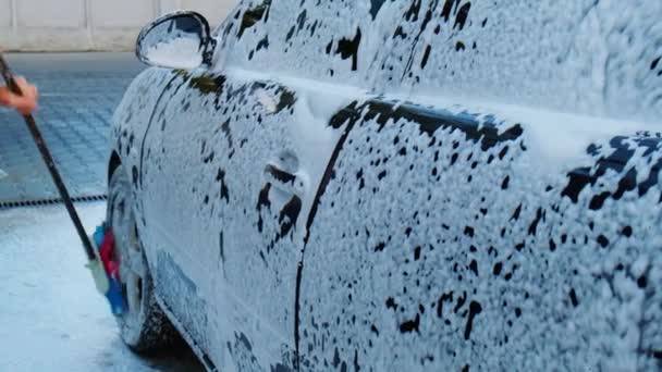 Mycie Luksusowego Czarnego Samochodu Bezdotykowej Myjni Sprzątam Szczegóły Samochodu Mycie — Wideo stockowe