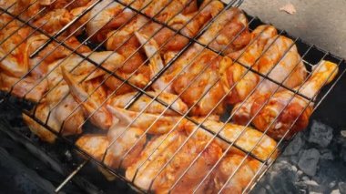 Barbekü pikniği zamanı kızarmış tavuk budu ve ızgarada kanat. Dışarıda ızgara ızgara ızgara ızgara ızgara lezzetli ızgara tavuk bifteği dumanlı ve yazın arka bahçede sulu et.