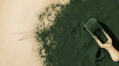 Tarafsız arka planda tahta kaşıkta doğal organik spirulina alg tozu. Chlorella deniz yosunu vejetaryen süper gıda kaynağı ve detoks. Boşluğu kopyala Sağlıklı besleyici antioksidan kavramı 