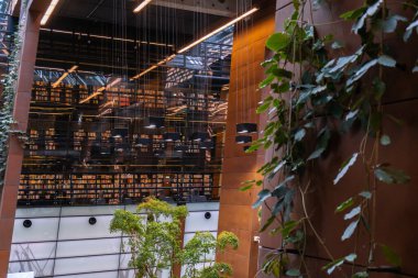 Avrupa Dayanışma Merkezi Gdansk Polonya 'da kapalı alan ağaçları modern iç tasarım. Biyofili tasarımı doğa yeşili alanlara bağlanıyor. Avrupa 'daki modern soyut müze. Seyahat yeri turisti