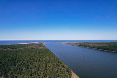 Nehrin insansız hava aracı denize iniyor. Vistula Nehri Deltası Sobieszewo Gdansk Polonya 'daki Baltık Denizi' ne gider. Nehir çevresindeki orman ve küçük köy