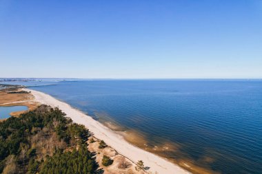 Nehrin insansız hava aracı denize iniyor. Vistula Nehri Deltası Sobieszewo Gdansk Polonya 'daki Baltık Denizi' ne gider. Nehir çevresindeki orman ve küçük köy