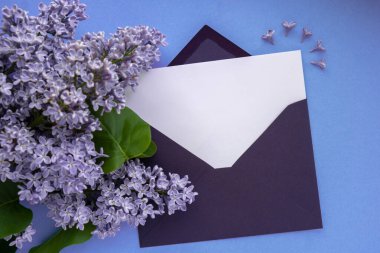 Boş mor zarflı kompozisyon ve mavi arka planda güzel bahar leylak çiçekleri. Mockup kart davetiyesi tebrik kartı posta kartı kopyalama alanı şablonu boş. Çiçek açan leylak dalları