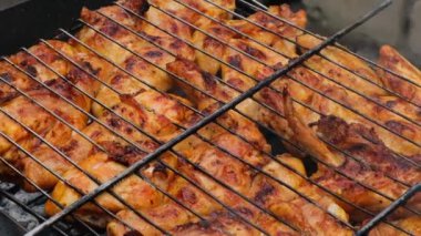 Barbekü pikniği zamanı kızarmış tavuk budu ve ızgarada kanat. Dışarıda ızgara ızgara ızgara ızgara ızgara lezzetli ızgara tavuk bifteği dumanlı ve yazın arka bahçede sulu et.