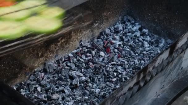 Doğranmış Kabak Ateşte Kızartılmış Havuç Aroma Otları Baharatlarla Tatlandırılmış Izgara — Stok video