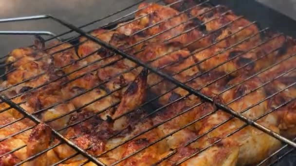 Pyszne Smażenie Kurczaka Grillu Ruszt Świeżym Powietrzu Przyprawy Świeżych Grillowanych — Wideo stockowe