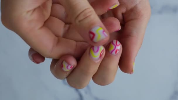 Pastel Softness Colorful Manicured Nails Woman Showing Her New Summer — Stock Video
