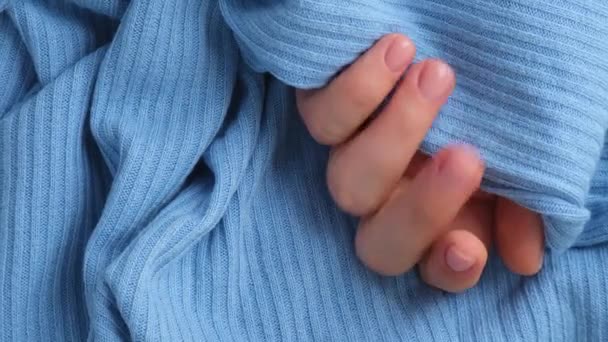 Pastel Softness Manicured Nails Blue Sweater Background Woman Showing Her — Stock Video