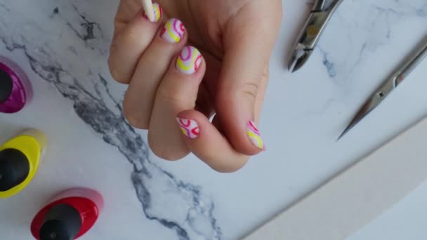 Woman Manicured Hands Stylish Summer Colorful Nails Closeup Manicured Nails — Stock Video